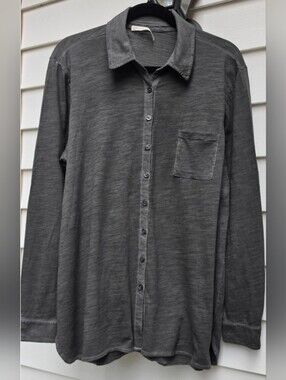 Peruvian Connection women's button-down jersey cotton knit shirt gray L XL $79